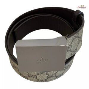 Authentic Gucci Brown GG Plus Monogram Canvas Silver Square Buckle Belt 85/34